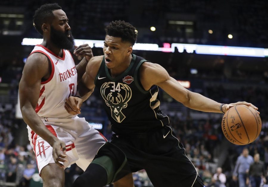 Milwaukee Bucks' Giannis Antetokounmpo tries to drive past Houston Rockets' James Harden during the second half on March 7, 2018, in Milwaukee. (AP Photo/Morry Gash)