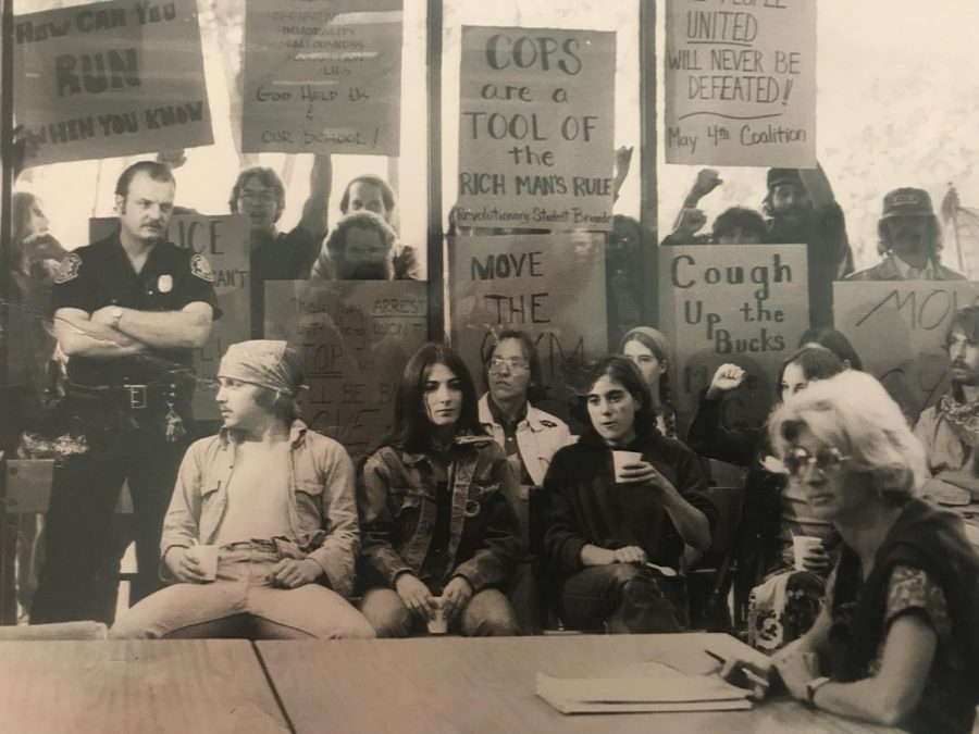 "Our May 4 Coalition who occupied Blanket Hill for 62 days in 1977 to protect the May 4 site from destruction — protesting at a Board of Trustees meeting to demand they move the gym," Chic Canfora said.