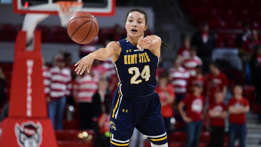 Alexa Golden throws a basketball during a Kent State Women's basketball game. 