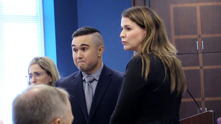 Connor Hendry, former KSU student, turns and apologizes to the victim while reading his statement during his sentencing hearing on Aug. 26, 2019. 