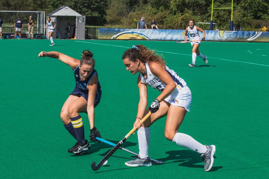 Two Players, one from Maine (Left), and the other player, Clara Rodriguez Seto (#23,Right) go for the ball hoping to pass it to other teammates or better yet the goal. Kent State won the, Kent State v Maine Game, 2-1. Murphy-Mellis Field. Sept. 8 2019