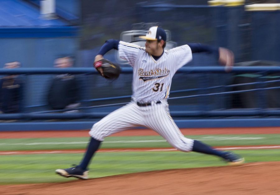 Former Kent State pitcher Eli Kraus delivers a pitch against Buffalo at Schoonover Stadium on Saturday, April 1, 2017. Kent State won 9-1.