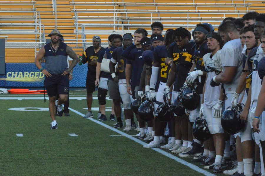 KSU Head Football Sports Performance coach Jeff Sobol addressing the team after the fall scrimmage on Aug. 19 2019. 