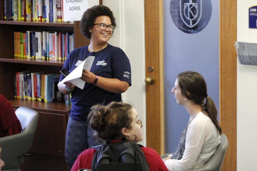 Student Success Leader Jasmyn Robinson leads a small group in the Kent Talk: "The A Word." The small groups had in-depth discussions about abortion rather than the broader discussion the group had as a whole at the beginning of the talk.