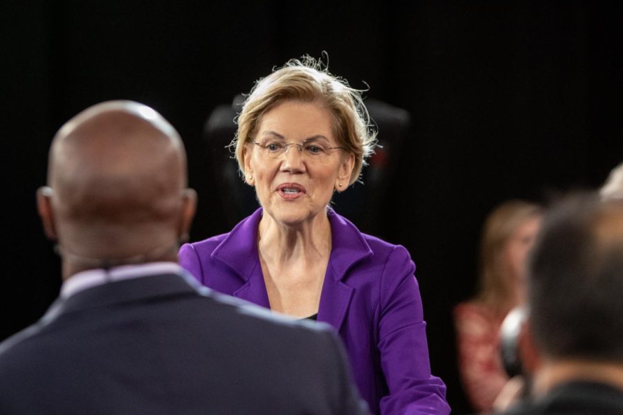 Front-running candidate Elizabeth Warren greets CNN's Van Jones after the debate where she spoke for more time then any other candidate.