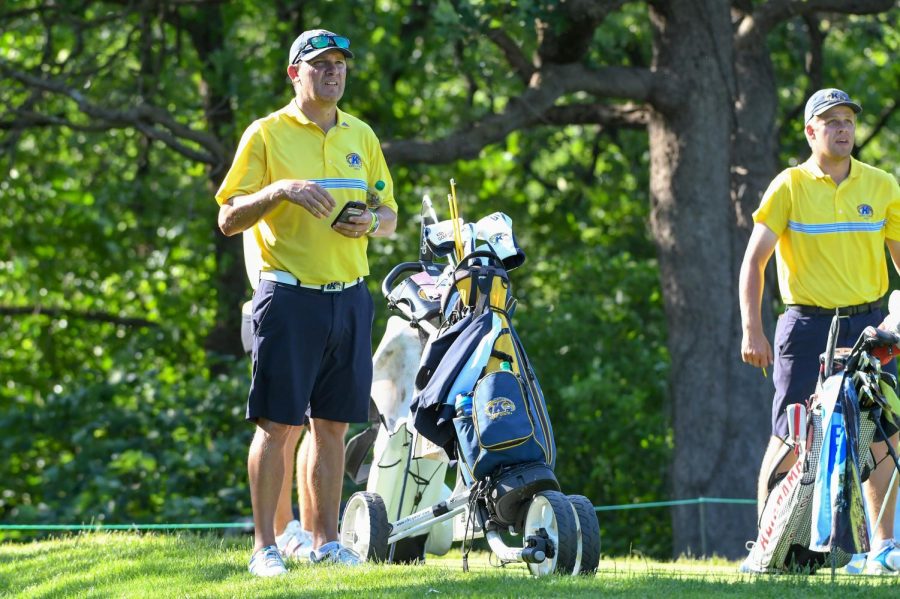 Jon Mills coaches at the 2018 NCAA Men’s Golf National Championship at the Karsten Creek Golf Club on May 28, 2018, in Stillwater, Oklahoma.