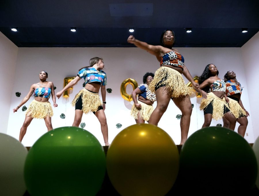 As'é Expressions, a dance troupe, performs at the beginning of the Kent African Students Association-sponsored Faces of Africa pageant in the Kiva Auditorium on Friday, Oct. 18, 2019.