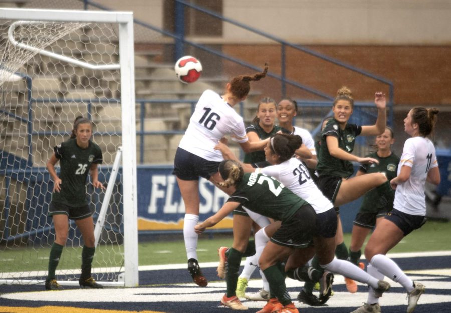 Junior midfielder Maddie Holmes scores third goal during first half of game, Oct. 31, 2019. Kent State won 3-1 against Ohio University.