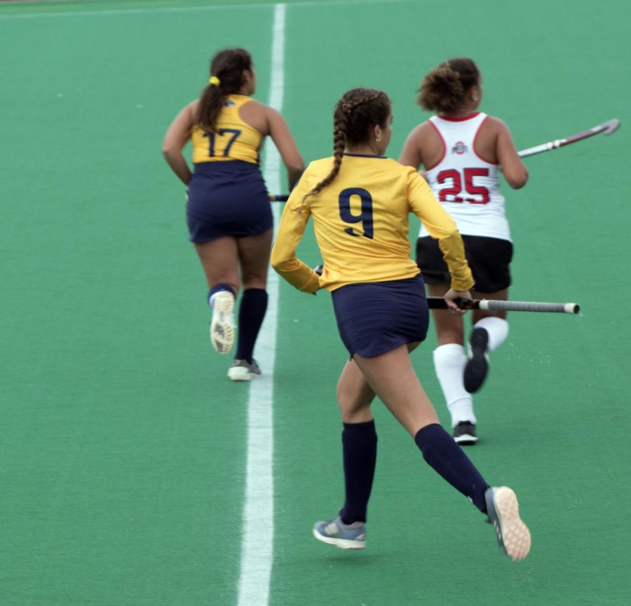 Freshman back Maria Cambra Soler (9) and junior back Melanie Scibilia (17) run down the field for a pass from a teammate on Oct. 27, 2019. Cambra Soler also came to Kent from Barcelona, Spain.