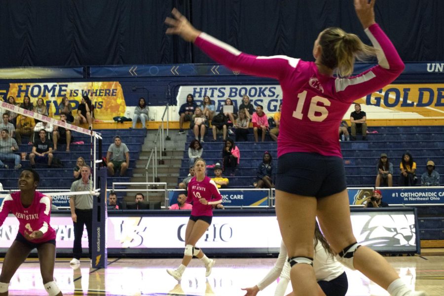 Senior Ashley Makruski, number 16, goes up for a spike during the Ohio University game. The Flashes lost 0-3.