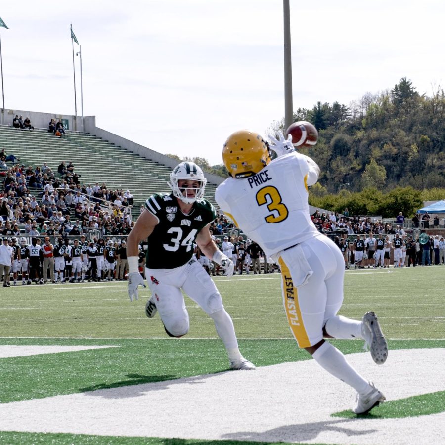 Senior wide receiver Kavious Price catches a touchdown pass during Kent State's game at Ohio University on Saturday, Oct. 19, 2019.