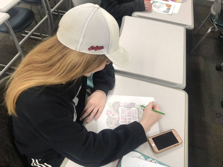 Emily France uses color pencils to color during a destress activity. 