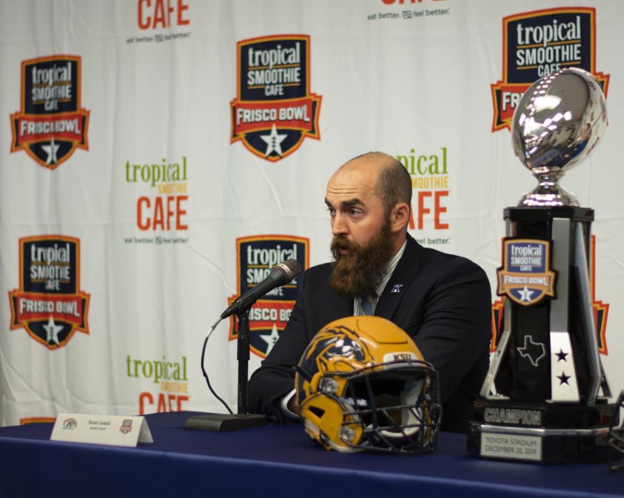 Kent State coach Sean Lewis addresses the media during a press conference at Toyota Stadium on Thursday morning. The Flashes will play Utah State Friday at 7:30 p.m. inside Toyota Stadium.