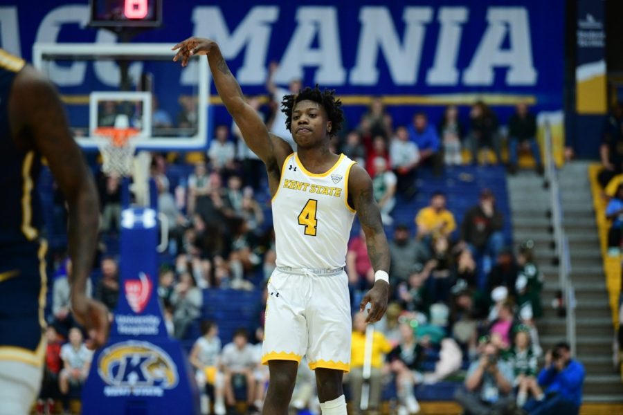 Senior guard Antonio Williams poses after making a 3-pointer against Toledo on Jan. 7, 2020. He shot 2-for-3 from the 3-point line and was one of three Kent State players who scored 16 points.