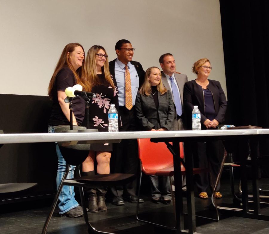 The panel that spoke on human trafficking. From left to right: Angel Dague, Sheri Bevan Walsh, Jean-Phillipe Rigaud, Carol O'Brien, James Mackey, Anne Marie O'Brien. Jan. 25, 2020.