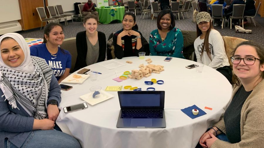 Left to right: Tala Niwash, junior paralegal studies major; Katia Rodriguez, junior PR major; Diana Coleman, senior hospitality management major; Antika Tendolkar, public health grad student; Alicia Robinson, Assistant Director of the Women’s Center, Ariadne Ray, senior fashion merchandising major; Lizzie Ruple, freshman biology major.