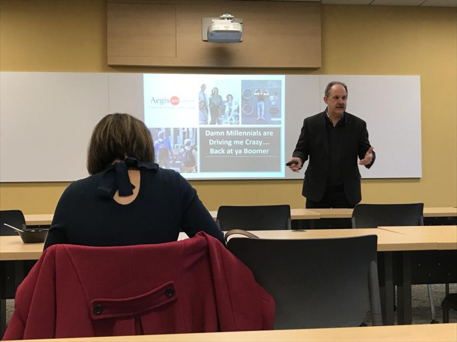 Ned Parks gives his presentation on millennials in the workplace to an audience at Kent State Twinsburg. Taken on Jan. 28, 2020.