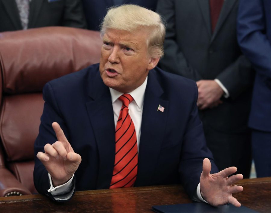 WASHINGTON, DC - FEBRUARY 11: U.S. President Donald Trump President Trump speaks to reporters on the topic of Roger Stone, House Intelligence Committee Chairman Adam Schiff (D-CA), and 2020 presidential candidates, after signing the Supporting Veterans in STEM Careers Act the Oval office at the White House on February 11, 2020 in Washington, DC. (Photo by Mark Wilson/Getty Images)