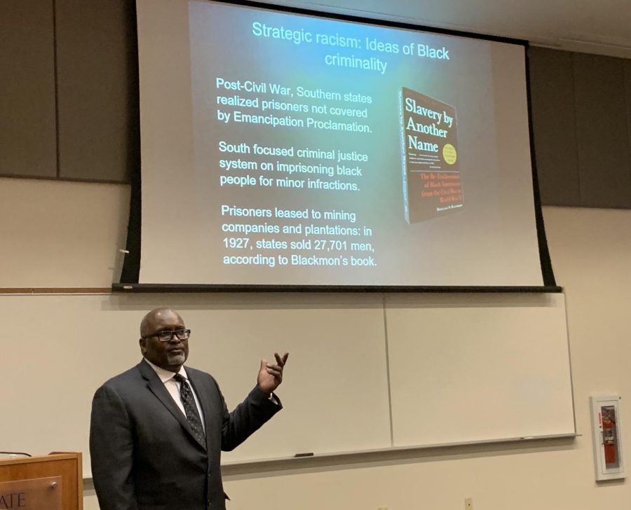 Deggans presented one source of his research, "Slavery by Another Name," to support how history is important to better understand media racism Tuesday, Feb. 11, 2020.