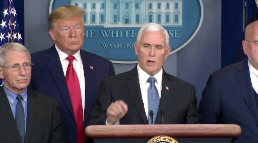 Vice President Mike Pence announces travel restrictions to areas of South Korea and Italy during a press conference Feb. 29, 2020.