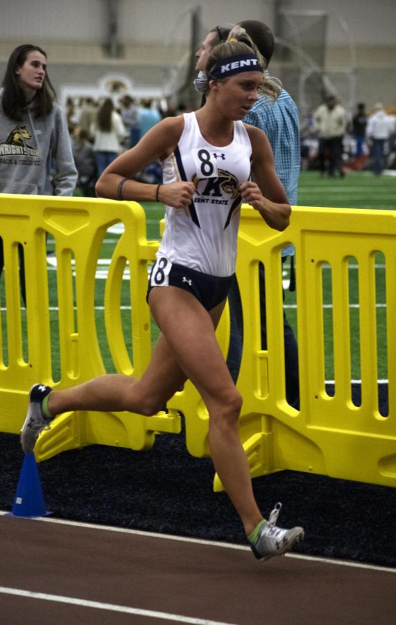 Redshirt senior distance runner Jaimie Adams runs the 5000 meter race during the Doug Raymond National Qualifier track meet on February 14, 2020. 