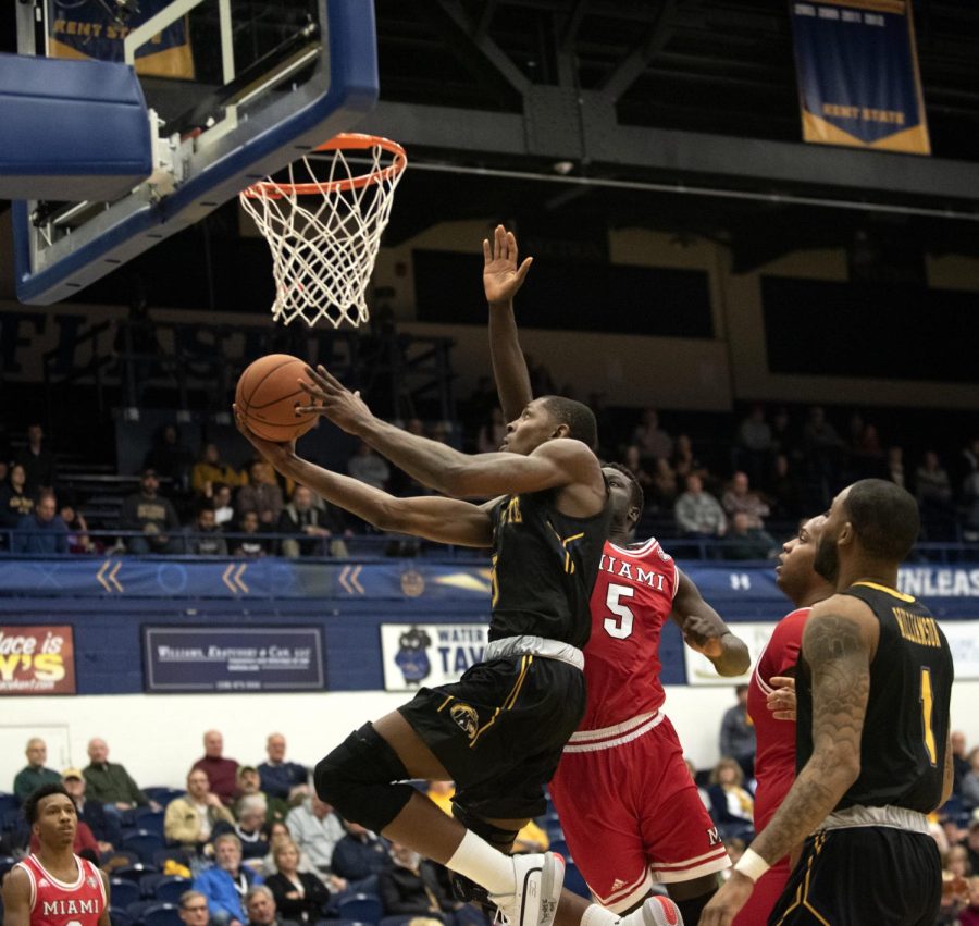 Junior Danny Pippen (5) makes a layup to extend Kent State’s lead to 55-41 with 13:19 left against Miami University on Feb. 25, 2020. Kent State won 74-61 and Pippen scored 16 points in his return from a back injury.