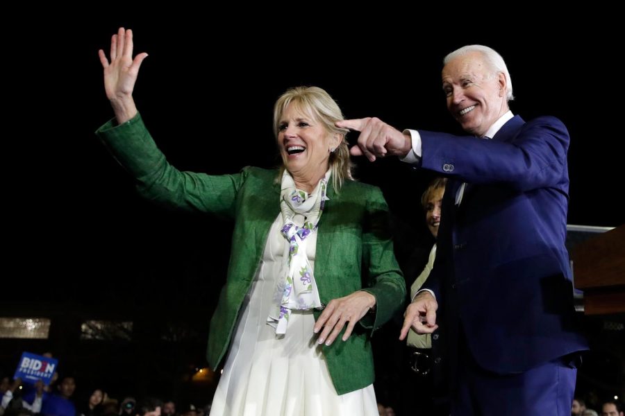 Democratic presidential candidate former Vice President Joe Biden, right, and his wife Jill attend a primary election night rally Tuesday, March 3, 2020, in Los Angeles. (AP Photo/Marcio Jose Sanchez)