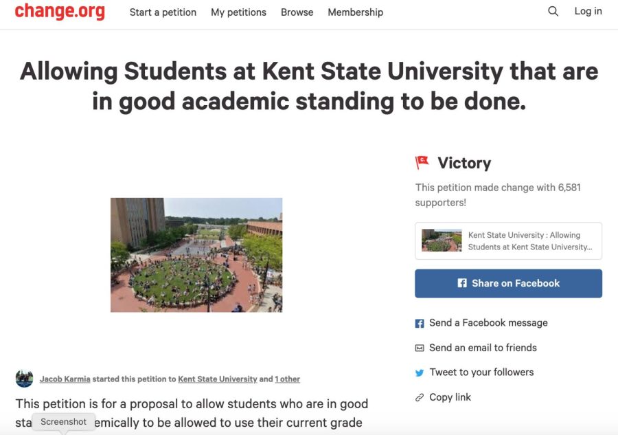 Screen capture of Kent State student Jacob Karmia's Change.org petition that asks the university to allow students in good academic standing to be done with their classes.