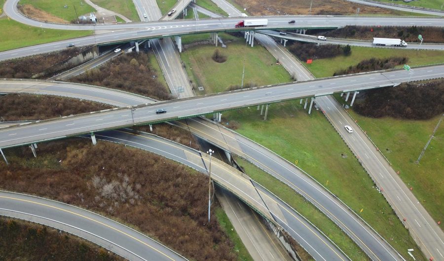 One of the busiest freeway interchanges in Ohio, Interstates 70, 71, and Ohio Rt. 315 appear almost empty Monday morning, March 23, 2020 as business and social lives shut down due to COVID-19. The state issued a stay-at-home order that will take effect at 11:59 pm March 23. (Doral Chenoweth/The Columbus Dispatch via AP)