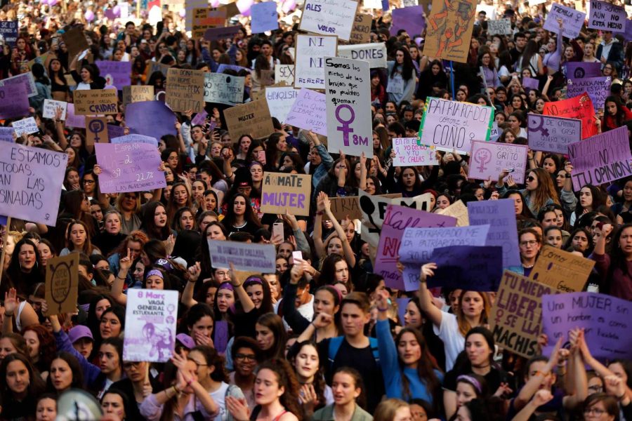 Student protesters march during a demonstration marking International Women's Day in Barcelona on March 8, 2019. - Unions, feminist associations and left-wing parties have called for a work stoppage for two hours on March 8, hoping to recreate the strike and mass protests seen nationwide to mark the same day in 2018. (Photo by Pau Barrena / AFP) (Photo credit should read PAU BARRENA/AFP/Getty Images)