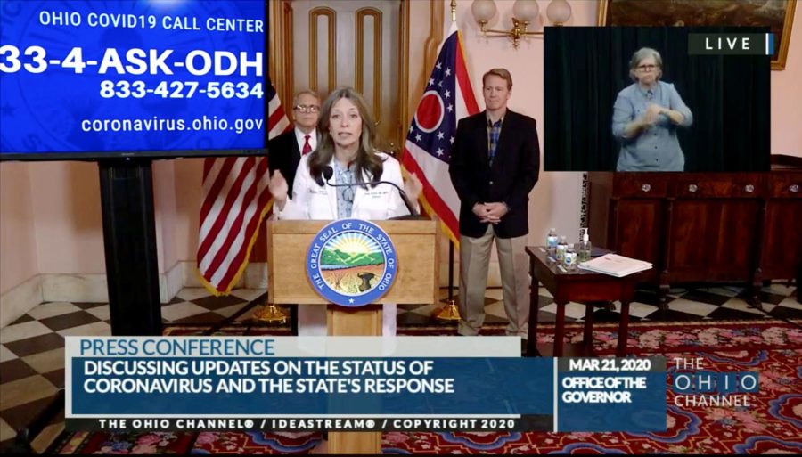 Ohio Department of Health Director Amy Acton speaks during Gov. Mike DeWine's daily press briefing in Columbus on March 20, 2020. Acton issued a stay at home order for the state, effective Monday at 11:59 p.m.