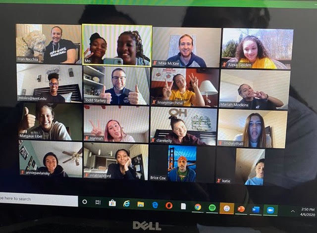 The women’s basketball team’s first Zoom meeting in April. 