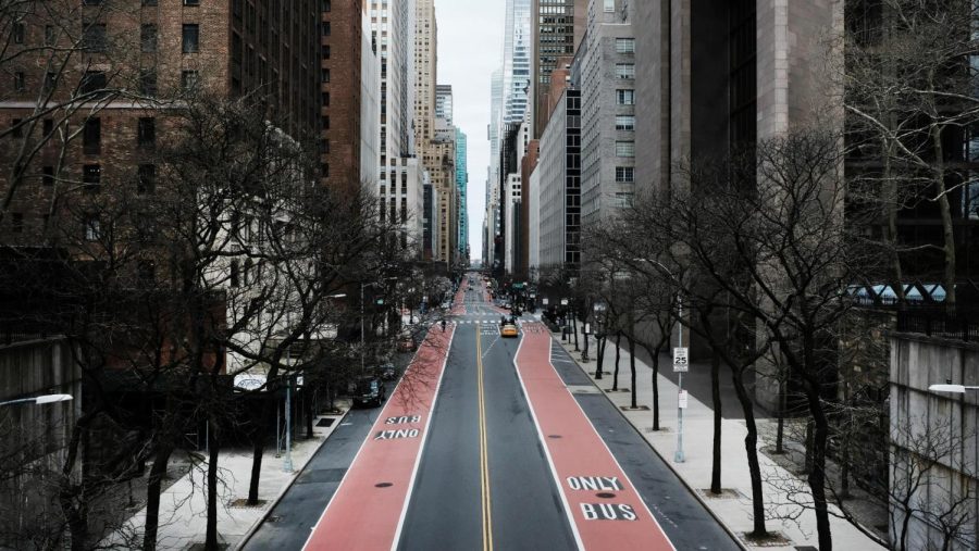 Forty Second Street in New York is void of cars and pedestrians over fears of spreading the coronavirus. Across the country, schools, businesses and places of work have either been shut down or are restricting hours of operation as health officials try to slow the spread of Covid-19.