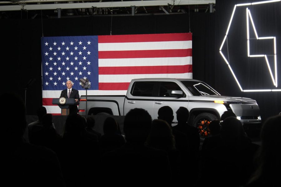 Vice President of the United States Mike Pence arrives on stage by riding with Burns in the Endurance, which drove around the crowd and up a ramp to the podium. Pence spoke on the return of American jobs to the Mahoning Valley in the Lordstown plant, as well as the upcoming incorporation of the United States-Mexico-Canada Trade Agreement (USMCA), which will replace the North American Free Trade Agreement (NAFTA). Pence said the new trade agreement will mandate 75% of American automotive parts to be built in the United States, and 40% of those parts must be manufactured by American workers who earn the national hourly wage.