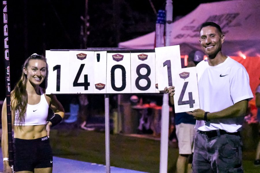 Leah Pasqualetti and her coach Mike Auble after she broke the pole vault record of the Stars and Stripes Big Red Barn Meet in Menifee, California. June, 2020.