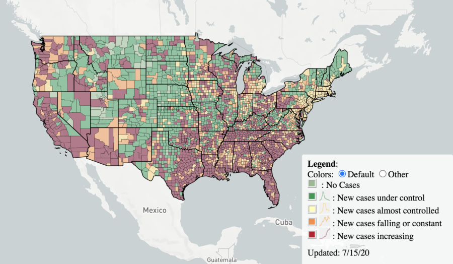 An image of the United States county-level map on EndCoronavirus.com created by Kent State professor Joseph Ortiz and New England Complex Systems Institute postdoctoral researcher Olha Buchel. 