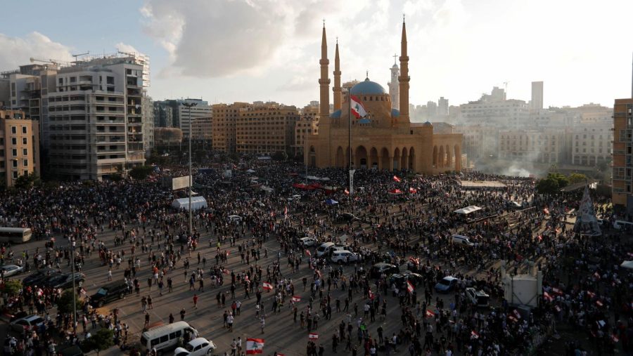 Demonstrators gather at a protest in Beirut on Saturday.