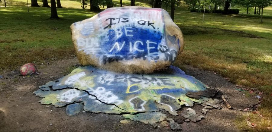 The Kent State rock on front campus was painted again Tuesday morning with the words "IT'S OK BE NICE!" The new words covered "IT'S OK TO BE WHITE," which was painted overnight. 