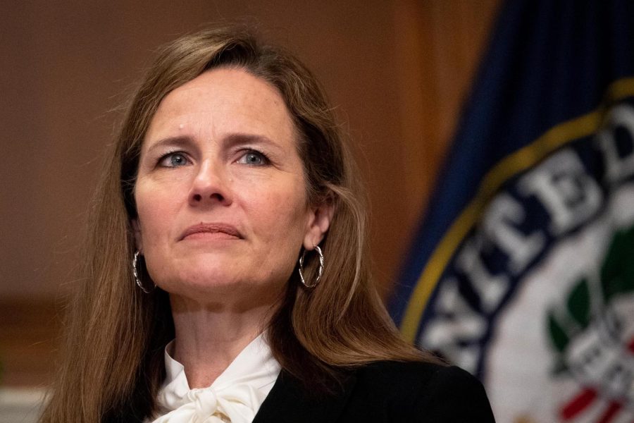 WASHINGTON, DC - OCTOBER 01: Judge Amy Coney Barrett, President Donald Trump's nominee to the Supreme Court meets with Sen. Joni Ernst (R-IA) (not seen) at the U.S. Capitol on October 1, 2020 in Washington, DC. Barrett is meeting with senators ahead of her confirmation hearing which is scheduled to begin on October 12, less than a month before Election Day.