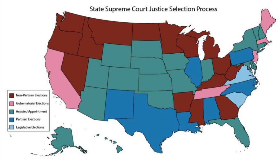 Different state’s judicial selections range from partisan elections to assisted appointments. As shown in the graph, the state of Ohio has a nonpartisan election. Information from Ballotpedia. Graphic base from simplemaps.com. Graphic created by Sara Crawford.