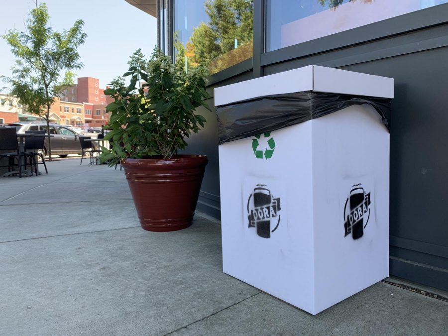 A DORA recycling bin outside Fresco Mexican Grill &amp; Salsa Bar in downtown Kent. 