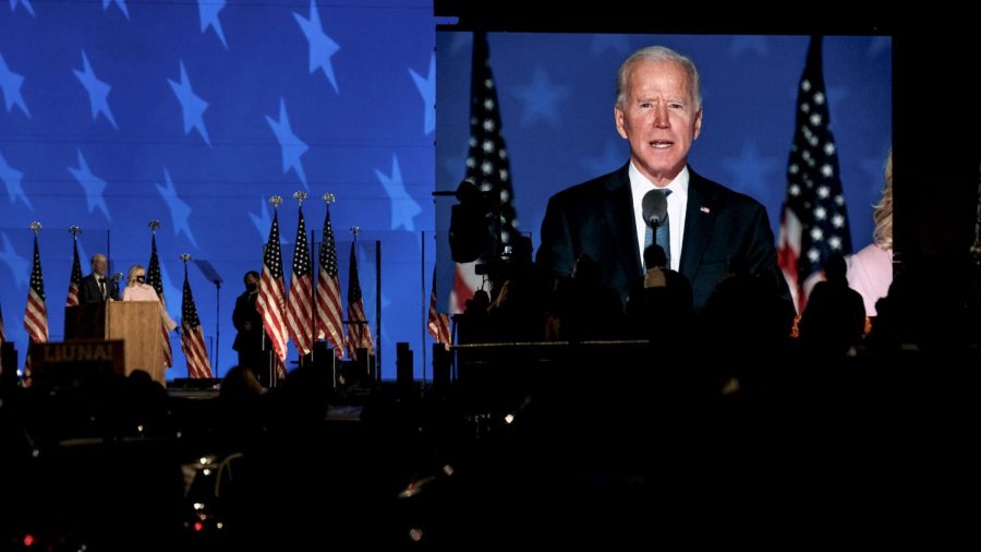 Vice President Joe Biden with his wife Dr. Jill Biden, speaks to supporters on election night at the Chase Center in Wilmington, DE, on Nov. 3, 2020.