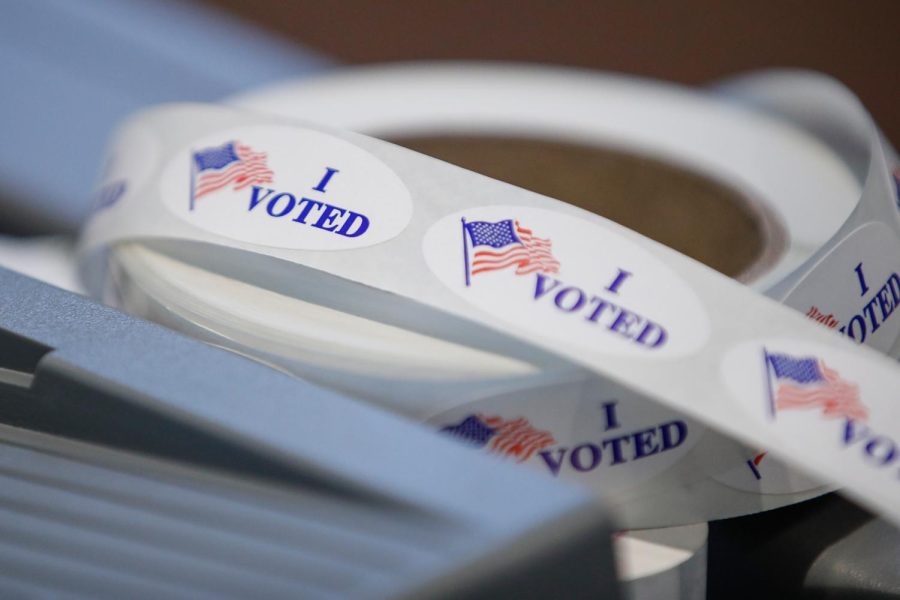 I voted stickers sit on a table during a presidential primary election at the Journey Church in Kenosha, Wisconsin, on April 7, 2020. 