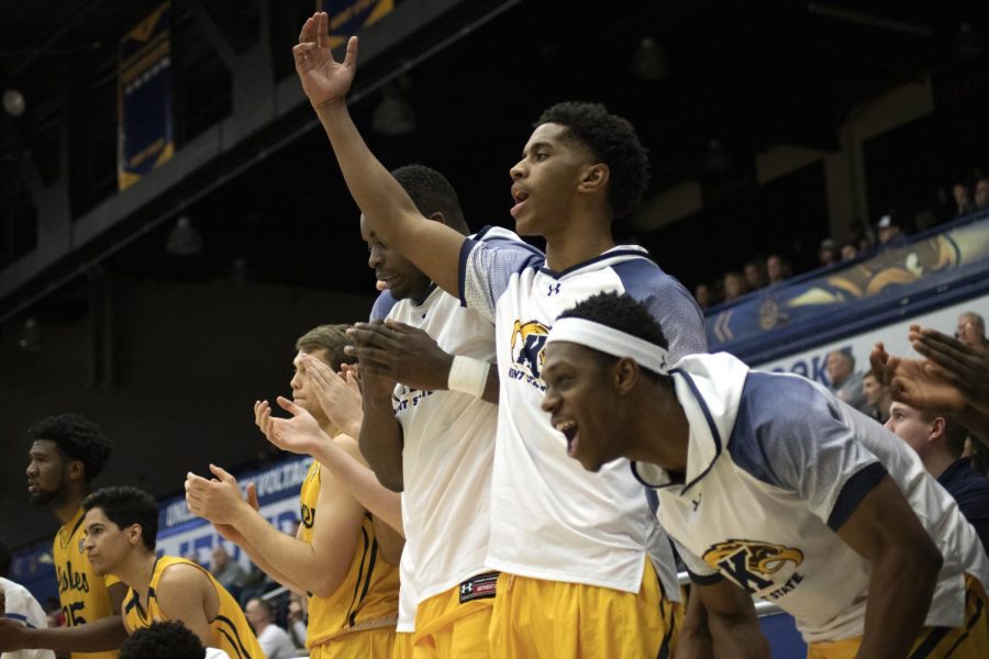 Members of the Kent State University men’s basketball team cheer on their team during the last few minutes of the men’s basketball game against Ball State University. Kent State lost to Ball State 54-62 on Feb. 4, 2020.