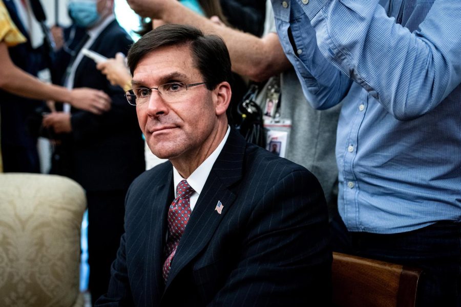 WASHINGTON, DC - JUNE 24: U.S. Secretary of Defense Mark Esper attends a meeting with Polish President Andrzej Duda and U.S. President Donald Trump in the Oval Office of the White House on June 24, 2020 in Washington, DC. Duda, who faces a tight re-election contest in four days, is Trump's first world leader visit from overseas since the coronavirus pandemic began. (Photo by Erin Schaff-Pool/Getty Images)