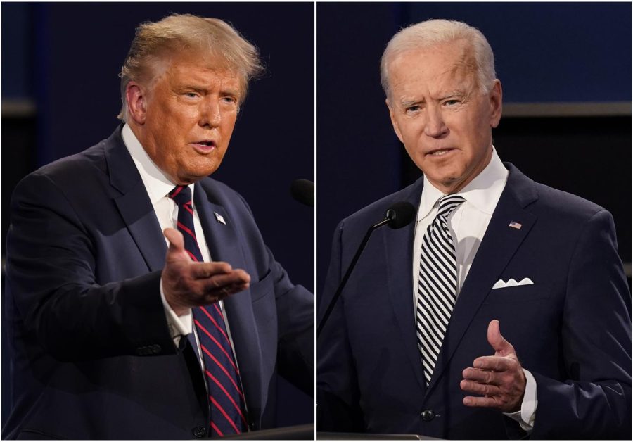 FILE - This combination of Sept. 29, 2020, file photos shows President Donald Trump, left, and former Vice President Joe Biden during the first presidential debate at Case Western University and Cleveland Clinic, in Cleveland, Ohio. (AP Photo/Patrick Semansky, File)