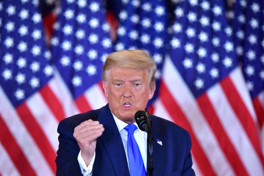 U.S. President Donald Trump speaks during election night in the East Room of the White House in Washington, DC, early on November 4, 2020.