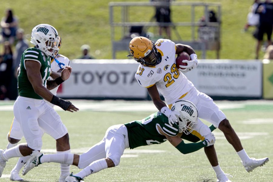 Senior wide receiver Kavious Price catches a touchdown pass during Kent State’s game at Ohio University on Saturday, Oct. 19, 2019.