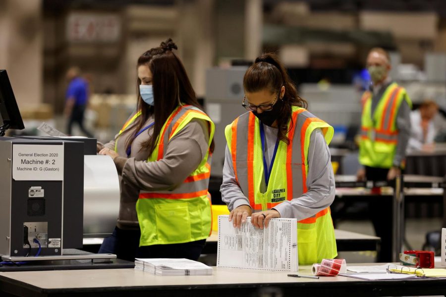 Votes are counted at the Pennsylvania Convention Center on Election Day in Philadelphia, Pennsylvania, U.S. November 3, 2020. REUTERS/Rachel Wisniewski