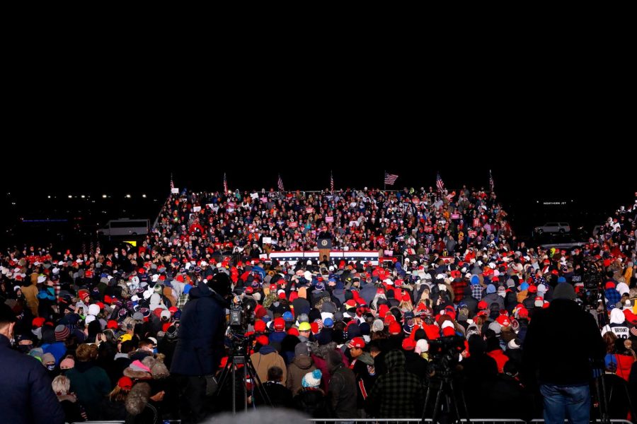 US President Donald Trump speaks during his final Make America Great Again rally of the 2020 US Presidential campaign at Gerald R. Ford International Airport on November 2, 2020, in Grand Rapids, Michigan. (Photo by JEFF KOWALSKY / AFP) (Photo by JEFF KOWALSKY/AFP via Getty Images)